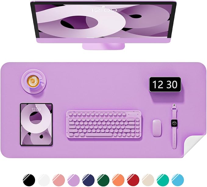 Desk Pad, 23.6" x 13.8" PU Leather Non-Slip Desk Mat Large Mouse Pad for Desktop, Waterproof Laptop Computer Writing Mat for Office, Home, Work, Gaming, Purple