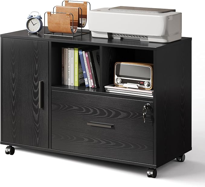 DEVAISE Printer Stand with Storage, Mobile Wood File Cabinet, Black | Locking & Rolling, Lateral Filing Cabinet, Doors and Shelves, Fits Legal/letter/A4, for Home Office, Study