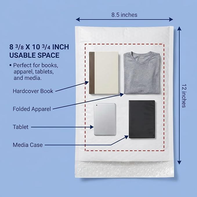 BOX USA White Poly Bag Mailer Bubble Lined, 8.5"L x 12"W, Pack of 25 | Self-Sealing Durable Plastic Envelope for Secure Shipping, Packaging, & Storage, Ideal for Personal & Small Businesses, 8.5x12