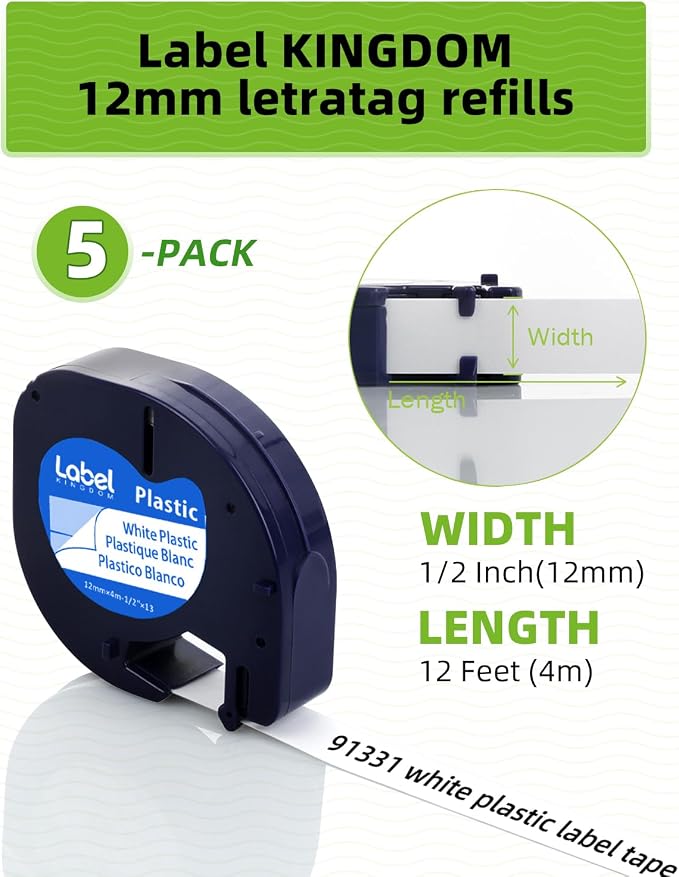 6 Pack 91331 Plastic White Label Tape Compatible with Dymo Letratag Refills | 12mm x 4m 1/2" x 13', Label Maker Tape, Compatibel with Letra Tag Printer LT100H LT100T Bluetooth 200B