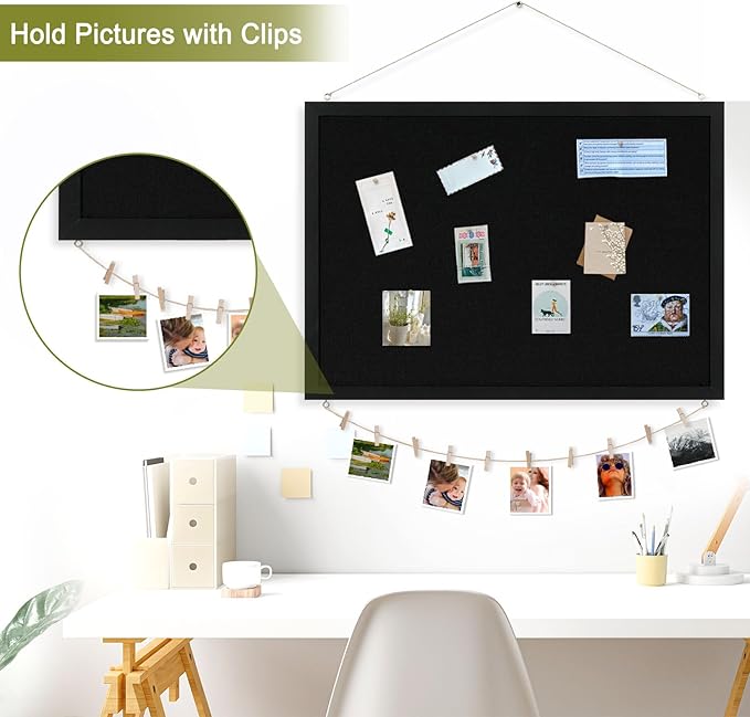 Double-Sided Black Cork Board with Linen, 24" x 18" Hanging Wood Framed Large Bulletin Board, Picture Display Vision Board Kit Corkboards for Wall Room School Office Decor, 20 Pushpins