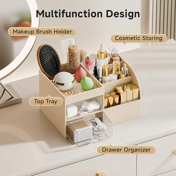 Makeup Organizer with 2 Drawers, Makeup Organizers Countertop for Vanity and Bathroom, Make up organization and Skincare Storage with Brush Holder, for Dresser, Desktop, Cosmetic Display Case (Beige)