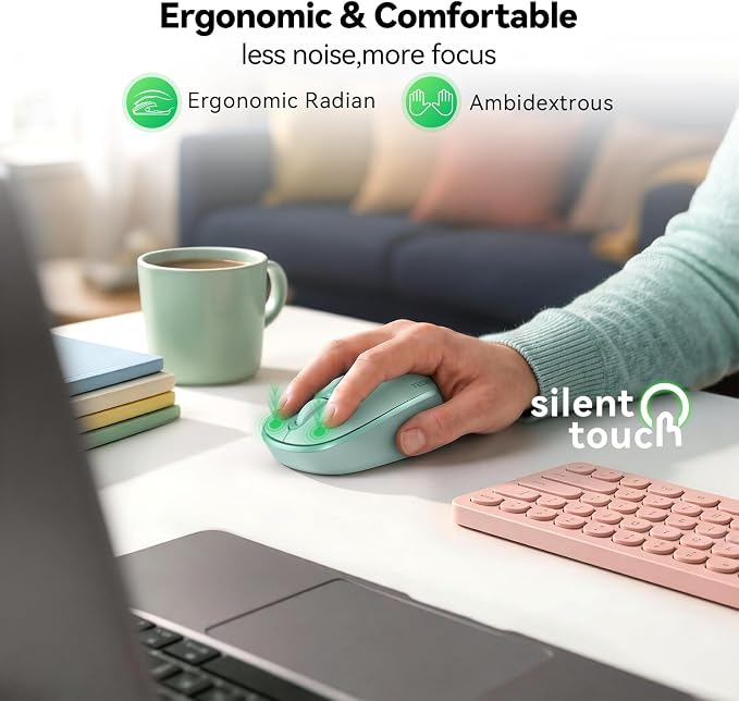 TECKNET Compact Ambidextrous Wireless Mouse for Laptop Mint Green | 2.4G Quiet Computer Mouse with USB Receiver, 3 Adjustable DPI Portable Cordless Mice for Chromebook, Laptop, PC, Mac