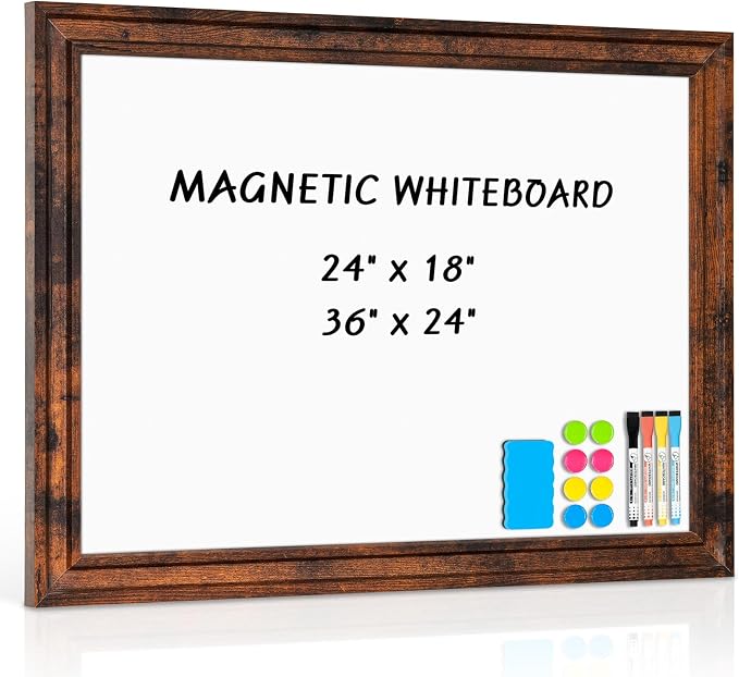 White Board for Wall, 24'' x 18'' Magnetic Dry Erase Board, Brown | Wooden Frame, Decorative Whiteboard, Wall Mounted, for Home, Office, Kitchen, Dorm, 4 Markers, 6 Magnets, A Eraser