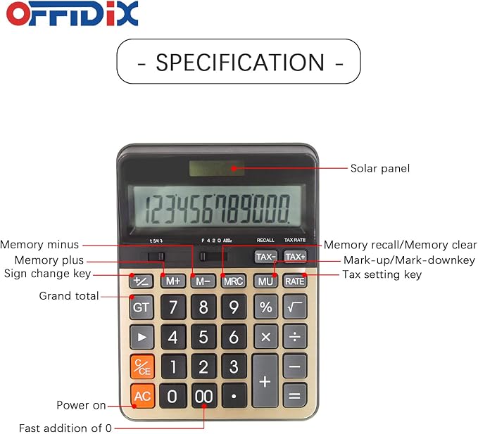 OFFIDIX Big Number Office Calculator with Large LCD Display, Dual Power ﻿ ﻿ | Ultra-Clear 12-Digit Display with Solar/Battery, Big number reading with large LCD screen. Solar-powered for daily