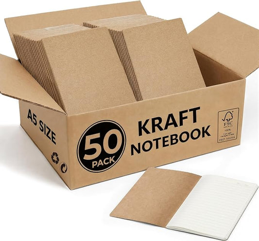 50 Pack Kraft Notebooks Bulk A5, 60 Pages Lined Ruled Journals, 8.3x5.5 Inches, Natural Kraft Cover Composition Notebooks for School Office Students Artists