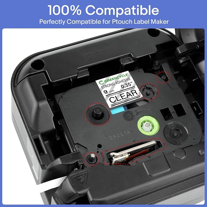 GREENCYCLE Extra Strength Label Tape TZe-S121 9mm 0.35" Laminated Clear Compatible for Brother P-Touch TZeS121 TZ-S121 TZe TZ 3/8 inch Black on Clear Label Tape for PT-D200 PT-D210 PT-D220, 10 Pack