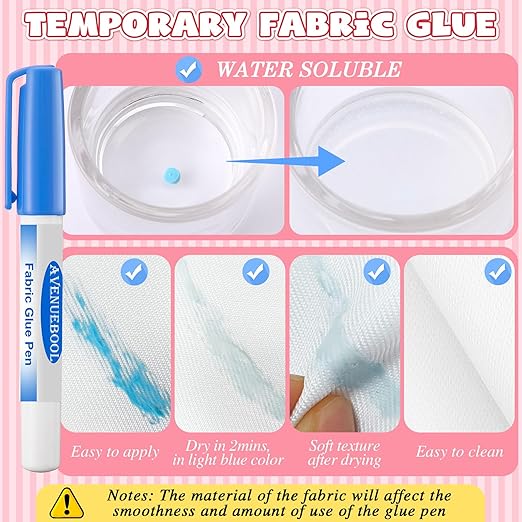 1 Fabric Glue Pen with 2 Refill, Washable Temporary Fabric Sewing Adhesive, Temporary Blue Glue Stick for English Paper, Quilting, Piecing Patchwork Sewing