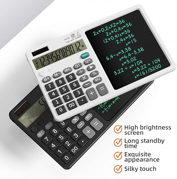 Desk Calculator with Erasable Writing Pad, 12-Digit Wide Screen Display, 100,000+ Reusable LCD Notepad, One-Click Clear & Lock Function, Solar and Battery Dual Power for Office,School,Business (White)