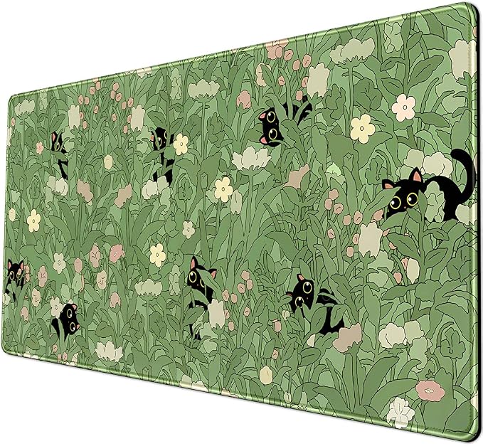 YKJWW Green Desk Mat Cat Cute Flower Plant Cool Desk Pad XXL Keyboard Mat | Desk Mat for Women Office Gamer Home Decor Supplies Desk Accessories Pad Non-Slip Mousepad with Stitched Edge Mat 31.5x15.7in