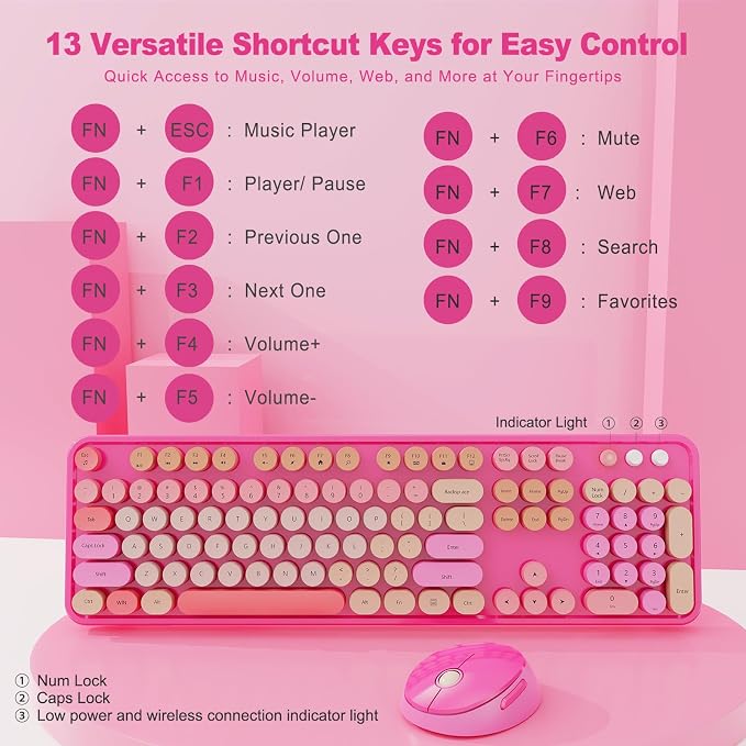 Nowlike Wireless Keyboard and Mouse Combo, Retro Typewriter Keyboard with Round Keycaps, Full-Size Ergonomic, Red, Ideal for Windows PC, Home, Office, and College, Wireless Keyboard Mouse Combo