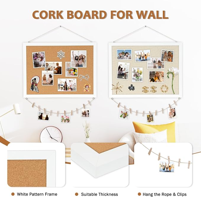 Double-Sided Wood Framed Cork Board with Linen, 24" x 18" | Hanging Large Bulletin Board, Picture Display Vision Board Kit Corkboards for Wall Room School Office Decor, 20 Pushpins