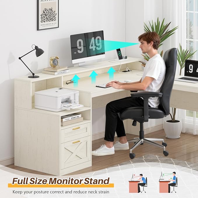 63" Farmhouse L Shaped Desk with Drawers & Storage Shelves for Home Office | Corner Desk with Power Outlets & LED Lights, L-Shaped Office Desks with File Drawer, Printer Shelf, Monitor Stand, White
