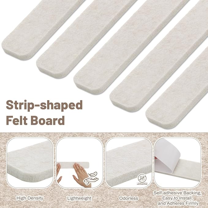 Thboxes 8 Pack Felt Bulletin Board Strips, 13x2 Inch Self Adhesive Felt Pin Boards with 50 Pushpins and 10 Wooden Clips Push Pins, Cork Board for Walls Home Office Decor(Oatmeal)