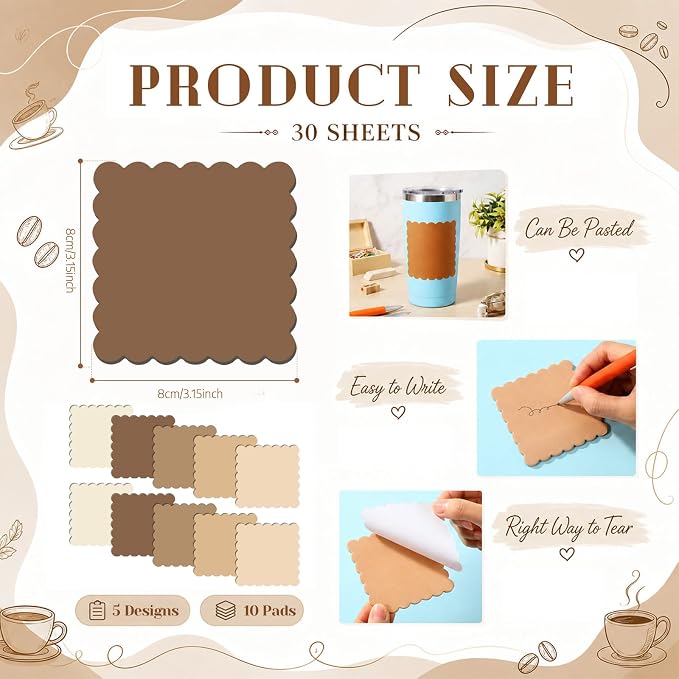 Epakh 10 Pack Scalloped Line Sticky Notes,3 x 3 Inch,Brown | 300 Sheets, Small Notes Pads, Thick Note Pads, Strong Adhesive, Back to School Office Supplies