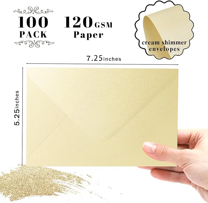 Shimmer Cream Envelopes 5.25 x 7.25 inches 100 PCS, 120 GSM Goefun A7 Euro Flap Envelopes with Gummed Seal for 5 x 7 Cards, Anniversaries, RSVP Invite, Wedding