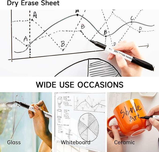 Dry Erase Markers, Lineon 60 Bluk Pack Black Whiteboard Markers with 2 Eraser, Fine Point Dry Erase Markers Perfect For Writing on Whiteboards, Dry-Erase Boards,Mirrors for School Office Home