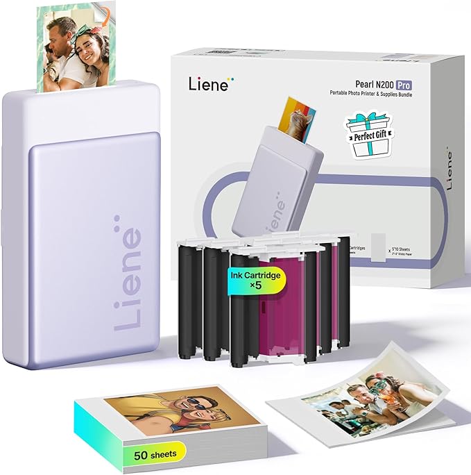 Liene Pearl N200 Pro Portable AI Photo Printer, Instant Mini Picture Printer for iPhone Smartphone, Thermal Dye Sublimation Bluetooth Sticker Maker 50 Sheets 2x3 Adhesive Paper & 5 Cartridges, Purple