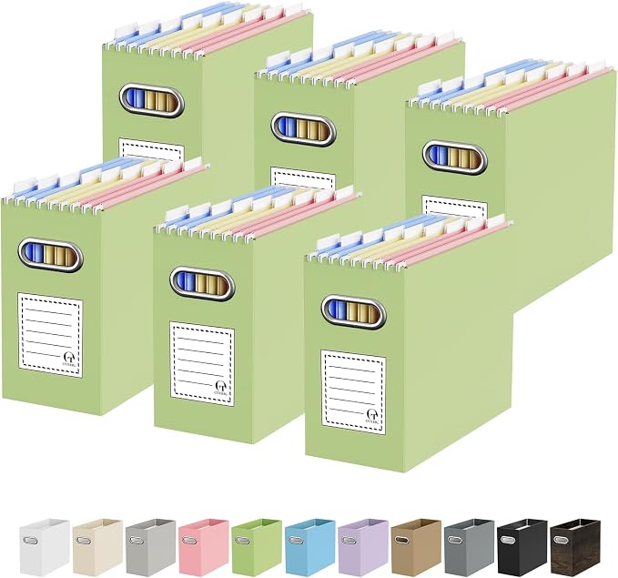 Portable Collapsible Cardboard File Box with Handle for Letter-Size | 6-Pack. Stainless Steel Handle. Label Stickers Included. Fits Letter Folders (Not Included). Home, Office, School, Dorm, Tax.