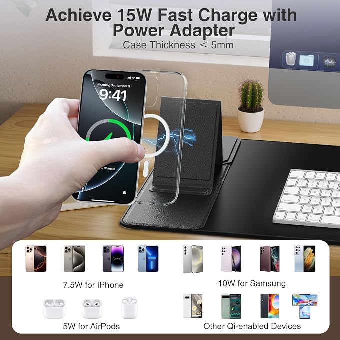 Wireless Charging Mouse Pad with Foldable Phone Holder, 31.5"x15.8", Black | Large Desk Mat for Laptop/Keyboard, Waterproof Ultra-Smooth Surface, Non-Slip Base