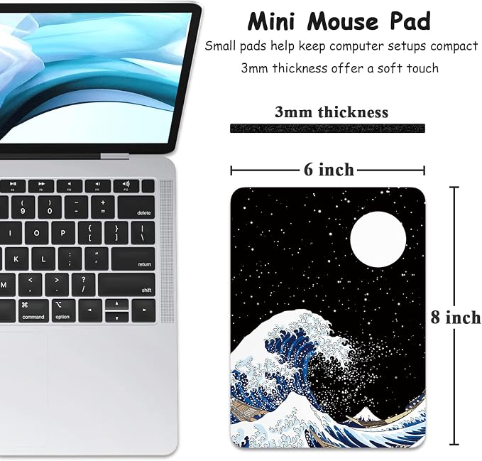 Dapesuom Small Mouse Pad, 6 x 8 Inch Thick Rubber Premium-Textured Non-Slip Portable & Washable Mini Mouse Mat for Women Men Wireless Laptops Keyboard Tray Gaming Computer Office Travel, Waves & Moon
