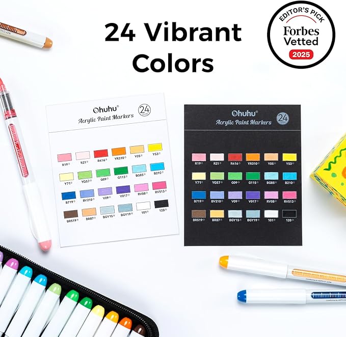 Ohuhu Acrylic Paint Markers Brush Tip 24 Colos Automatic Ink Control Acrylic Markers High Opacity Paint Pens for Rock Painting 3D Prints Easter Eggs Wood DIY Crafts - Nahuku