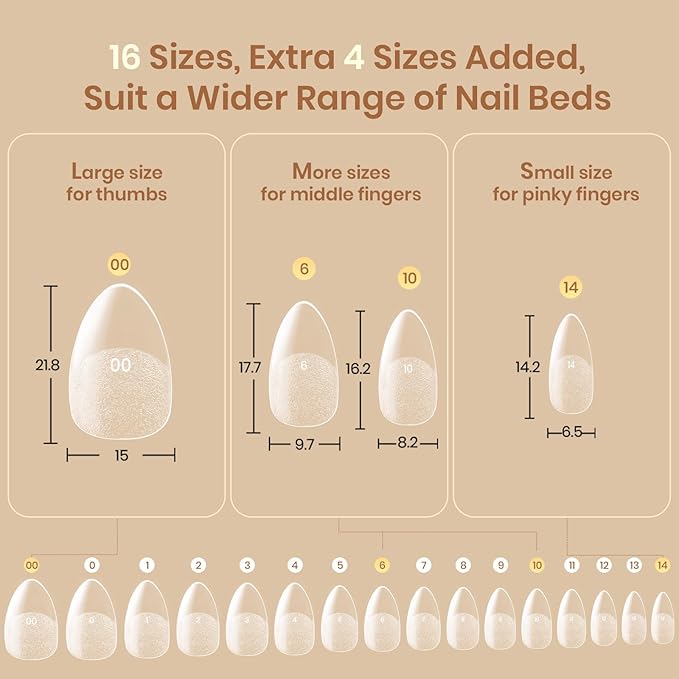 Beetles Short Almond Nail Tips, 320pcs 16 Sizes(00-14), Pre-Etched Half-Matte Full Cover Soft Gel Nail Tips Flat-X, Clear Press On False Nail Supplies, Easy DIY Nail Extension Salon Gift for Women