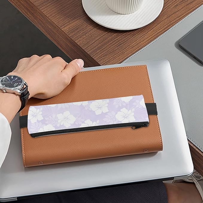 4 Pack Elastic Pen Holder for Notebook, Prints Pen Pouch with Elastic Band and Zipper, Leather Pen Holder for Planners, Journals, Book (Hibiscus)