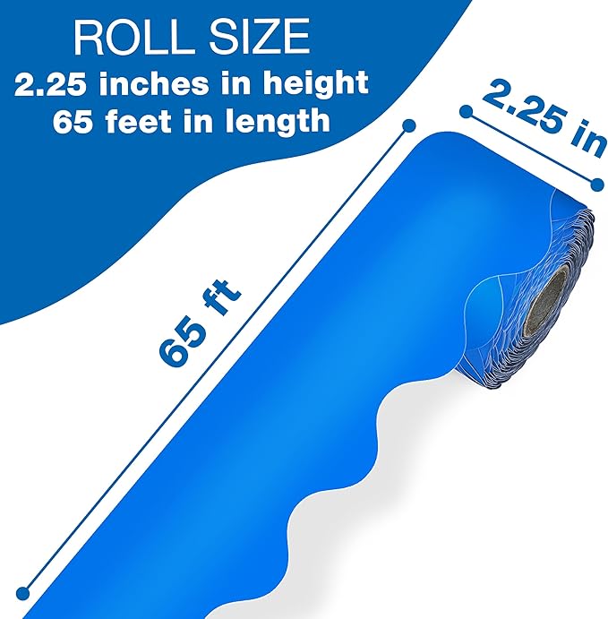 Carson Dellosa 65Ft of Blue Bulletin Board Borders, 1 Roll of Scalloped Trim for Rolling Whiteboard, Cork and Posterboard, Patriotic Decorations, Party, and Classroom Decor