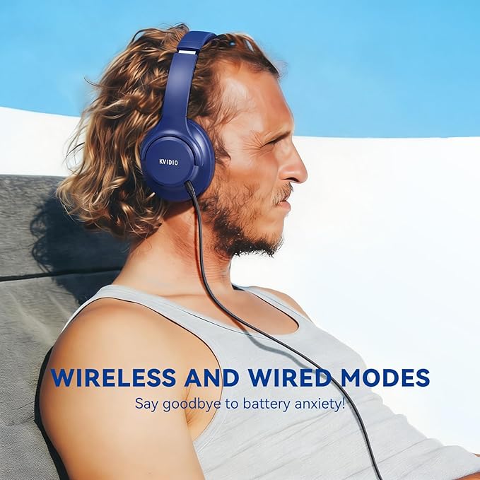 KVIDIO Bluetooth Headphones Wireless Over Ear Headsets 65H Playtime | Deep Bass, HiFi Stereo, Bluetooth 6.0, Microphone, Comfortable Fit, Foldable, Lightweight, Low Latency for Travel Home Office