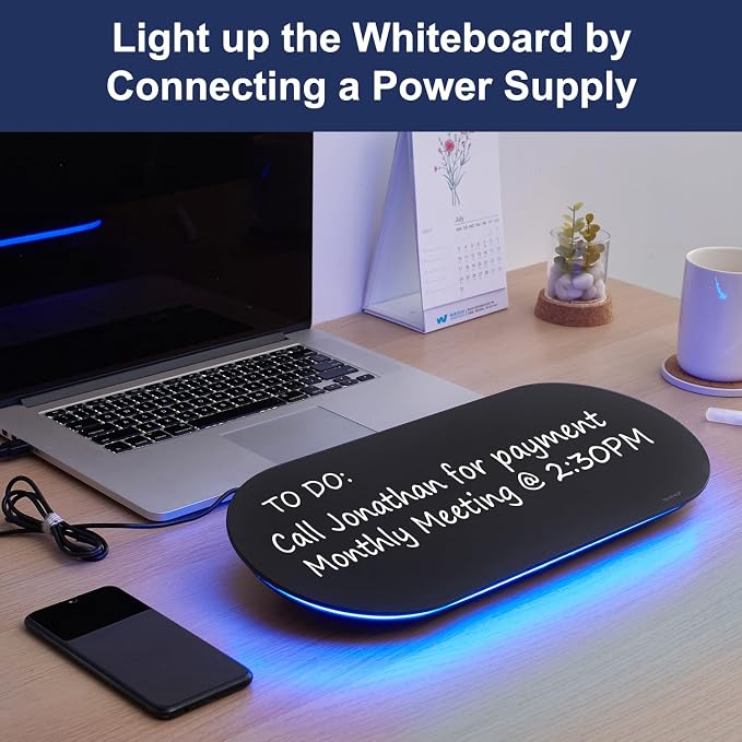 Glass Desktop Whiteboard - 17 X 7 Inches Black Board Blue Light | Glass Surface/Notepad with 1 Drawer/ Desk Organizers/ for Office, Home, School Supplies