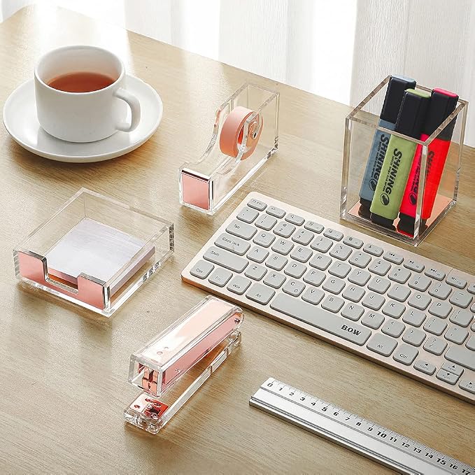 Acrylic Rose Gold Tape Dispenser Desktop Stapler, Acrylic Office Supplies Includes Staple Remover, Tape, 1000pcs Staples Desk Accessory Kit, Modern Clear Stationery Kit for Everyday Office Needs