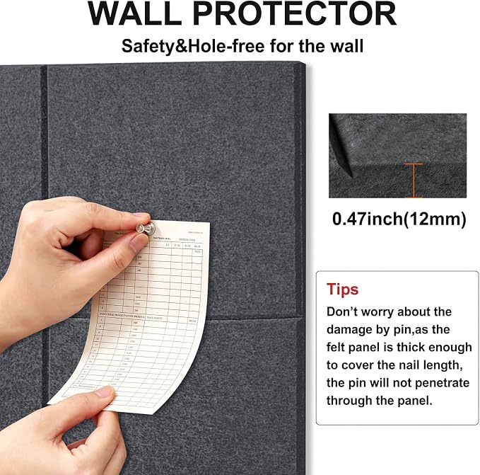 Felt Wall Tiles Bulletin Board Large Cork Board Alternative 6 Pack 11.81”x11.81”x0.47” Felt Pin Board Tack Board with Safe Removable Adhesive Tabs for Home Office School 36x24 (Charcoal Grey)