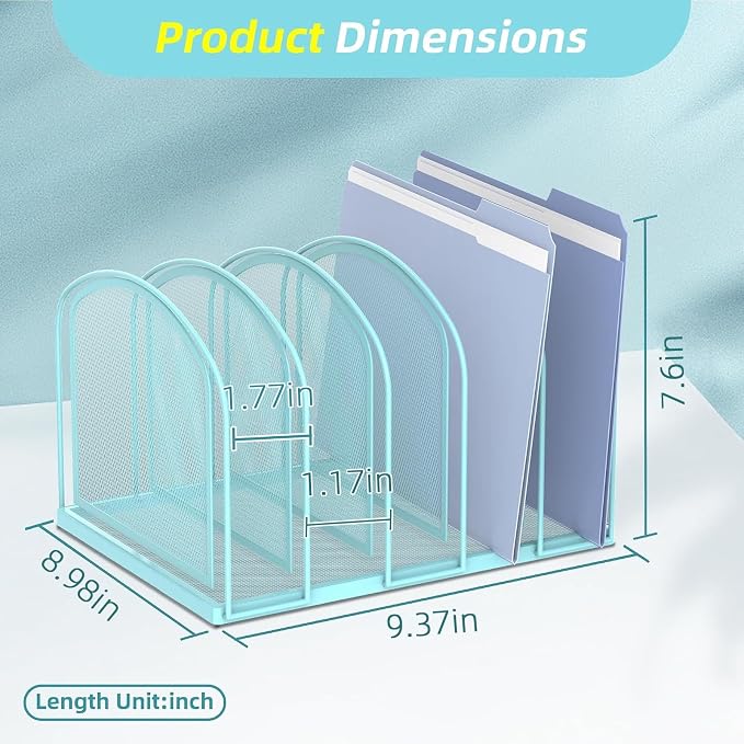 File Organizer 5-Section Mesh Desk Organizer, Upright File Organizer Desktop Organizer File Sorter, File Folder Holder for Office Supplies, Blue | 5 Vertical Compartments with Sturdy Metal Base for Office Documents Books Magazines and Laptop