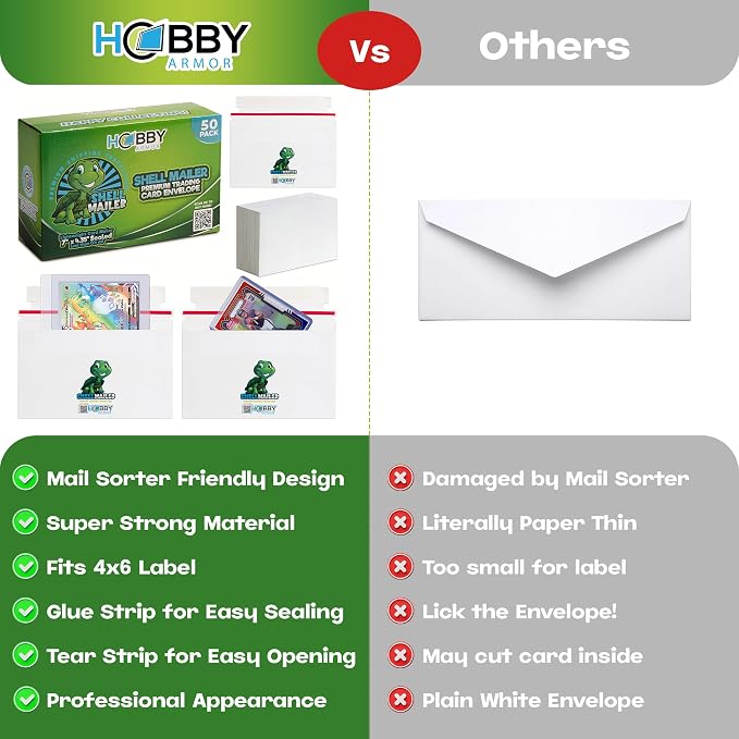 Shell Mailer Trading Card Envelopes for Shipping, Card Mailers - 50 Pack | Perfect Fit for Semi-Rigids & Toploaders, Sides Glued Flat for Sorting Machines, Premium Material, Customized Protective Flap