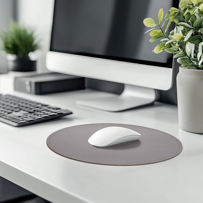 Mouse Pad，Round Mouse Pad，PU Mouse Pad，Leather Mouse Pad with Stitched Edge Micro-Fiber Base with Non-Slip Waterproof，Mouse Pad for Computers，Laptop，9 x 9 Inch (Silver Gray)