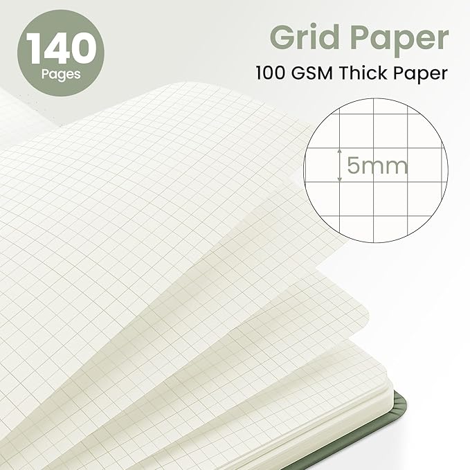 Graph Spiral Journal Notebook for Women, A5 Grid Notebook Journals for Writing, Hardcover Notebooks for Work, Note taking and Office School Supplies,140 Pages - Green
