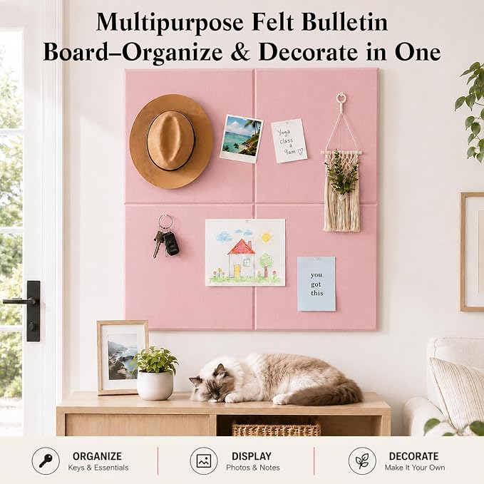 48" x 36" Decorative Bulletin Boards, Large Cork Board Alternative | 50 Pushpins, 60 Adhesive Tabs, Solid-Tile 12PC Felt Wall Tiles, Cork Boards for Office Push Pin Board Felt Board, Coral Pink | 50 Pushpins, 60 Adhesive Tabs, Solid-Tile 12PC Felt Wall...