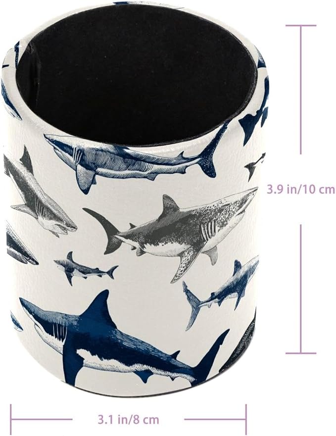 Leather Pen Holder for Desk, Sharks Pencil Cup Pen Organizer Makeup Brush Holder for Office Home Kids Countertop Desk Accessory Storage