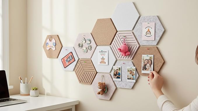 Hexagon Cork Boards for Walls Self Adhesive, 10 Pack 12 x 10 inch | 1300g/m² Dense Felt Bulletin Tiles, Frameless, Peel and Stick, Renter Friendly, Modern, Modular, for Office Dorm Room Decor