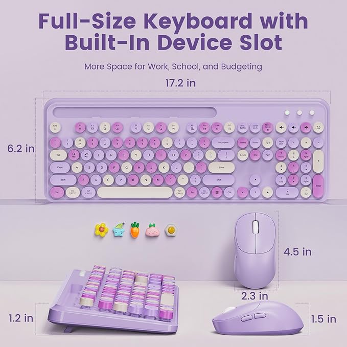 Wireless Keyboard and Mouse Combo, Retro Round Keycaps, Full-Size Stylish Typewriter Keyboard with Large Phone/Tablet Holder, 3-Level DPI Ergonomic Mouse, 2.4GHz Cordless for Windows PC, Lavender Mist