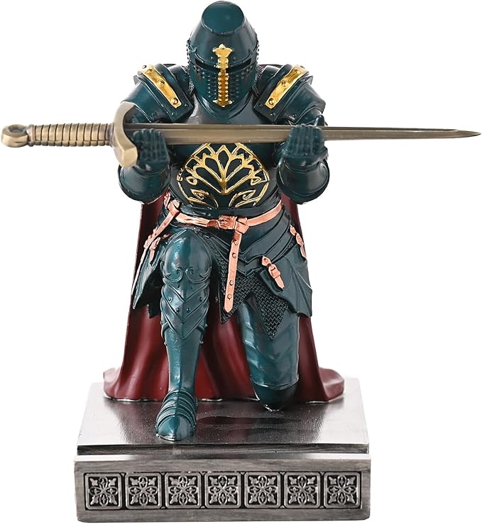 Medieval Templar Vanguard Officer Knight Pen Holder Desk Organizers Green | Pencil Stand Paperweight Desktop Decoration Accessories Cell Phone Stand with a Fancy Sword for Medieval Warrior Enthusiast