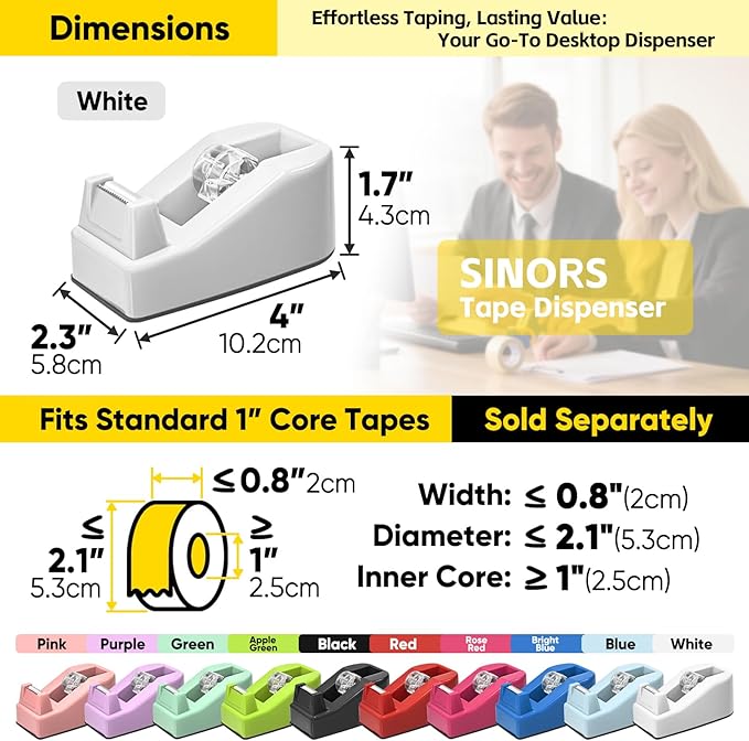 Desktop Office Tape Dispenser, Fits Standard 1-Inch Core Tapes, Weighted Base, Sharp Metal Blade, Smooth Cutting, Adhesive Roll Holder for Office, School, Shop, Home & Business - White