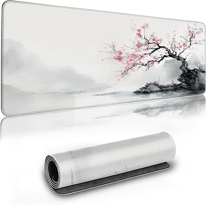 Long Gaming Mouse Pad Extended Anime Large Desk Pad with Non-Slip Base Full Keyboard Mat with Stitched Edges for Gaming and Office 31.5 x 11.8 inches (White Cherry Blossom)