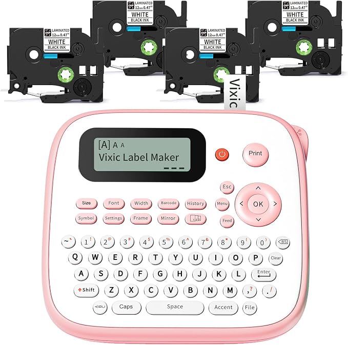 Vixic Pink Label Maker, D210S Label Maker Machine with Tapes Waterproof | Handheld Labeler Machine with Keyboard, Multiple Fonts Icons Frames for Home Kids School Items Classroom Office Organization
