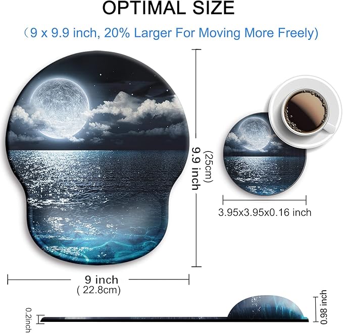 Ergonomic Mouse Pad with Wrist Support Rest,Large Mousepad Gel Wrist Rest, with Coaster Non-Slip & Pain Relief for Computer, Desk, Home&Office-Moon Ocean