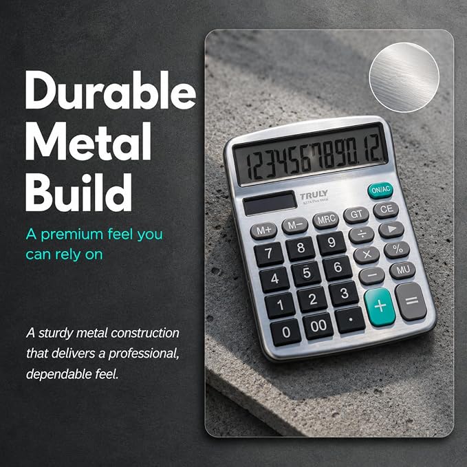 TRULY 12-Digit Desktop Calculator with Large Display, Big Buttons, Dual Power (Solar + Battery), Metal Finish, Ideal for Office, Home, School – 837A Pro Metal 2 Pack Black/Silver