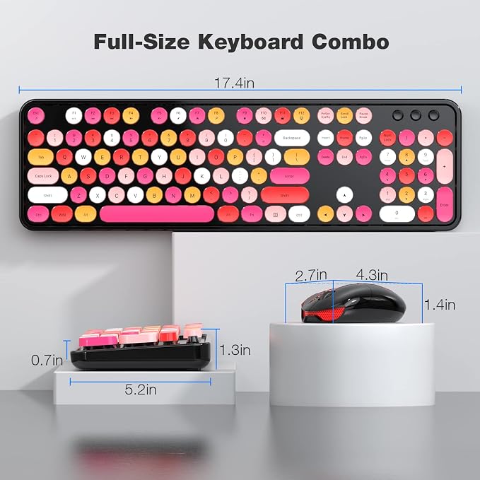 KNOWSQT Wireless Keyboard and Mouse Combo, Black Colorful Retro 2.4GHz Typewriter Keyboard with Cute Round Keycaps, DPI Adjustable Optical Wireless Mouse Compatible with PC Laptop