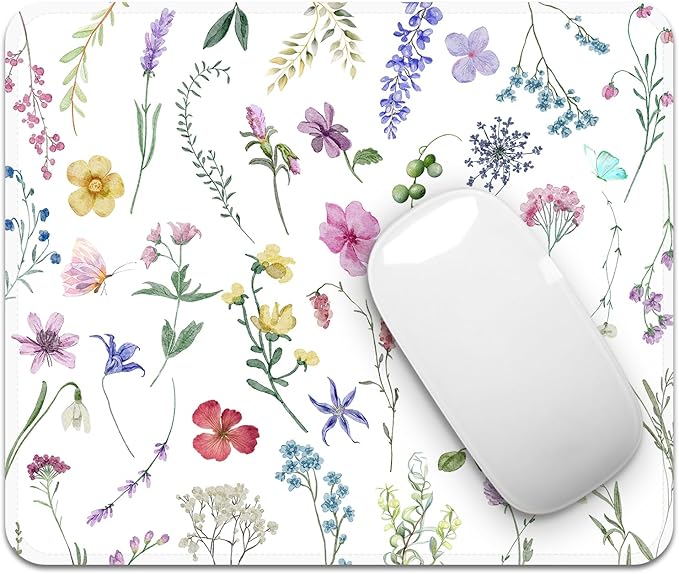 Mouse Pad with Stitched Edges - Watercolor Floral Mousepad for Women, 9.25 x 7.75 inch Washable Square Desk Pad, Non-Slip Rubber Base, Office Home Laptop Accessories - Watercolor Wildflowers