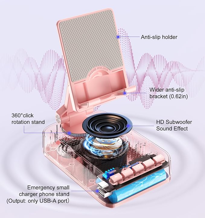 Gifts for Women Girls, Phone Stand with Bluetooth Speaker and Charging Function 360° Rotable Angle Adjustable Cell Phone Holder with HD Stereo Sound Fits All Phones,Tablet (Pink)